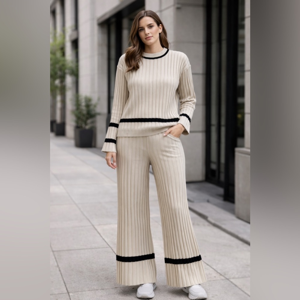 Cream Ribbed Knit Pants with dark green stripes